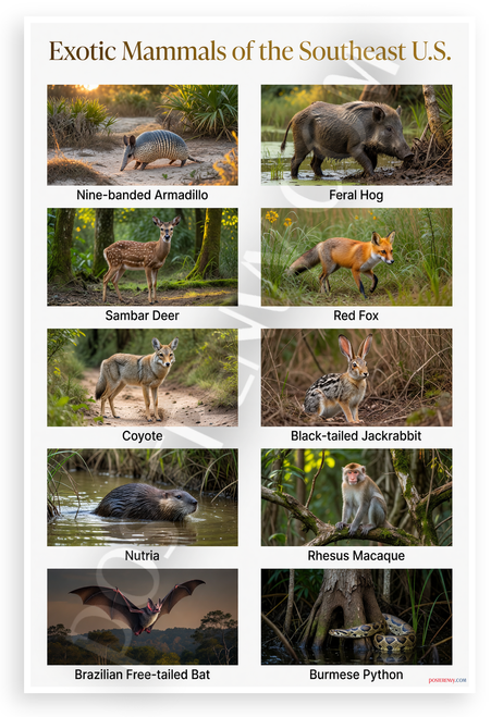 Exotic Mammals of the Southeast US Educational 12x18 US Made Poster