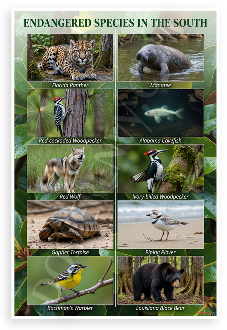 Endangered Species in the South Educational Wildlife 12x18 US Made Poster