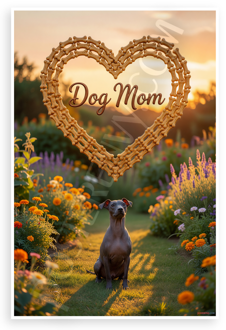 Dog Mom Xoloitzcuintli Heart Dog Bone Frame Sunset Garden 12x18 US Made Poster