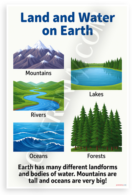 Land and Water on Earth Mountains Rivers Lakes Forests Educational 12x18 US Made Poster