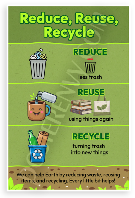 Reduce Reuse Recycle Educational Environmental 12x18 US Made Poster