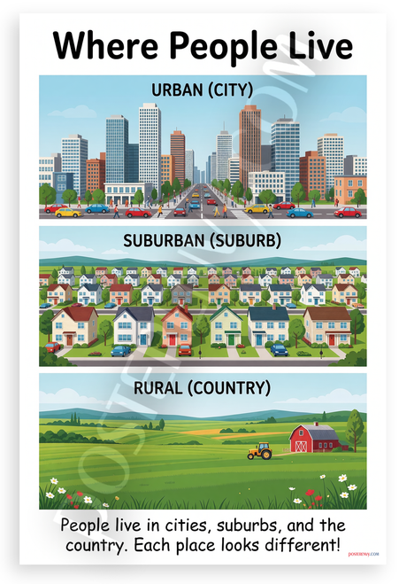 Where People Live Urban Suburban Rural Communities Educational 12x18 US Made Poster