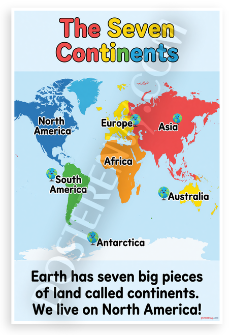 The Seven Continents World Map Educational 12x18 US Made Poster