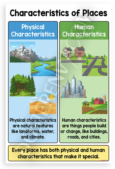 Characteristics of Places Physical Human Educational 12x18 US Made Poster