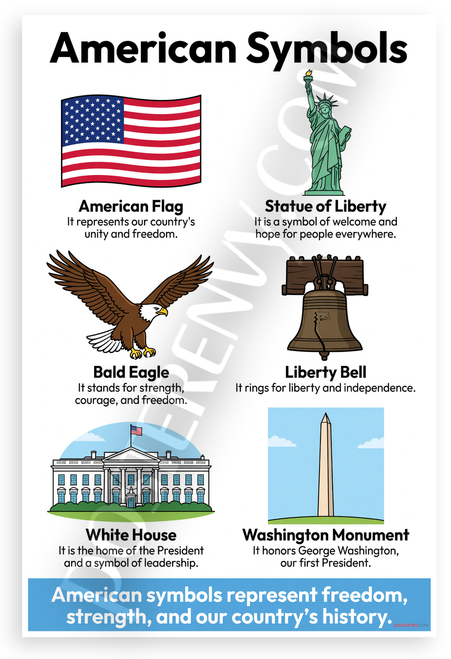 American Symbols Educational Poster Flag Eagle Liberty 12x18 US Made Poster