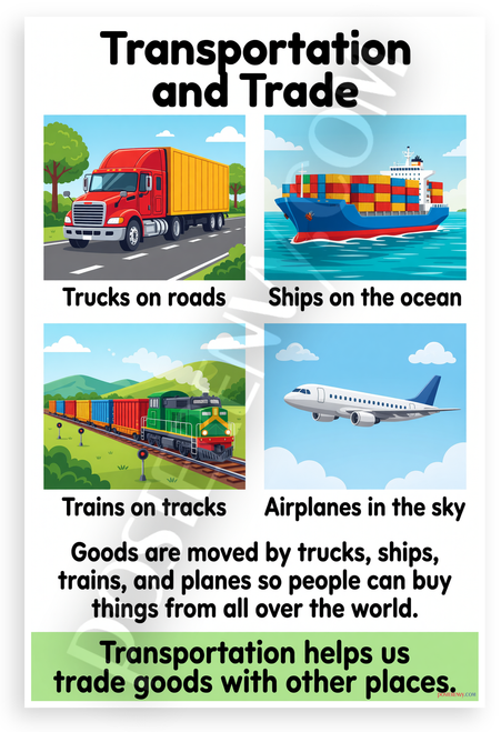 Transportation and Trade Trucks Ships Trains Airplanes Educational 12x18 US Made Poster