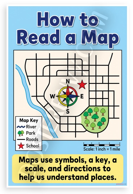 How to Read a Map Educational Poster 12x18 US Made Poster