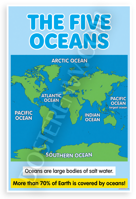 The Five Oceans World Map Educational 12x18 US Made Poster