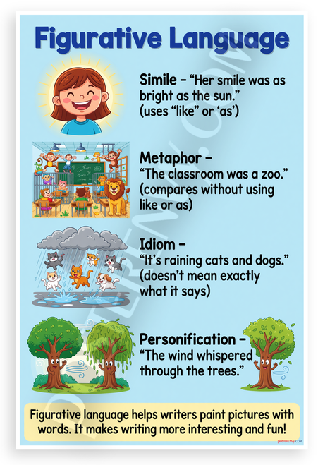 Figurative Language Simile Metaphor Idiom Personification Educational 12x18 US Made Poster