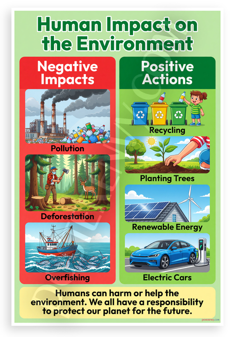 Human Impact on the Environment Negative Impacts Positive Actions Educational 12x18 US Made Poster
