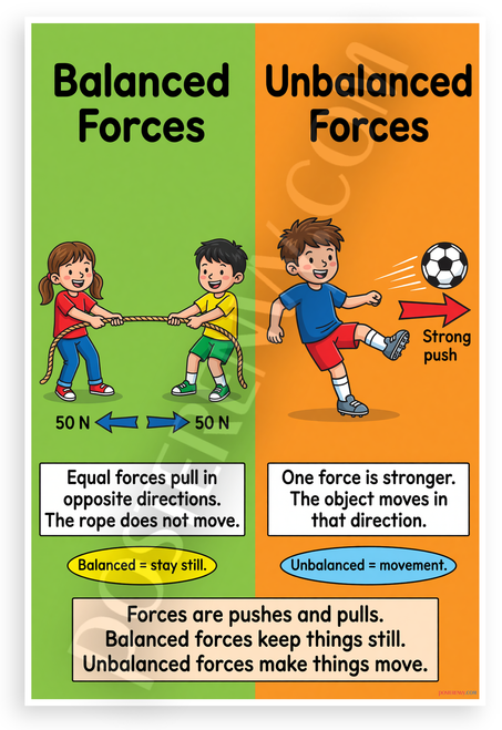 Balanced and Unbalanced Forces Educational Science 12x18 US Made Poster