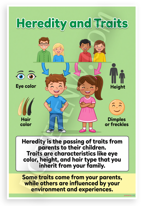 Heredity and Traits Inherited Characteristics Educational 12x18 US Made Poster