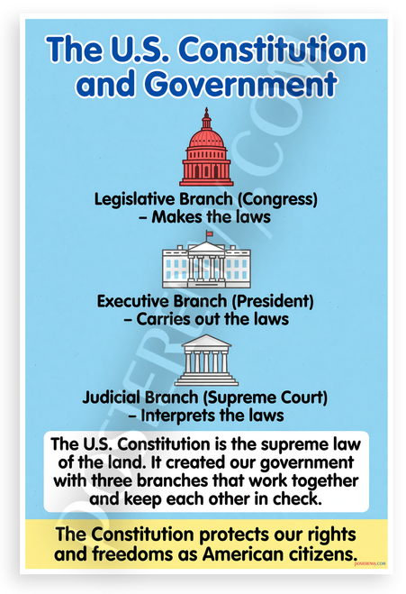 US Constitution Three Branches of Government Educational 12x18 US Made Poster