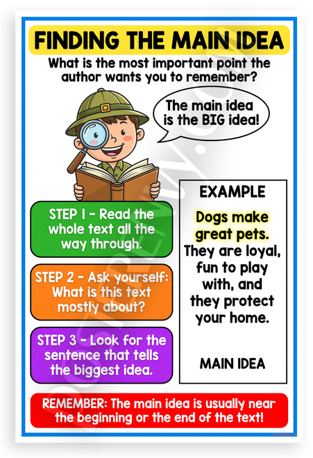 Finding the Main Idea Reading Strategy Educational 12x18 US Made Poster