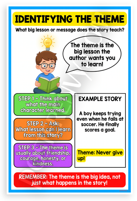 Identifying the Theme Literary Analysis Steps Educational 12x18 US Made Poster