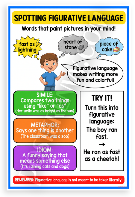 Spotting Figurative Language Simile Metaphor Idiom Educational 12x18 US Made Poster