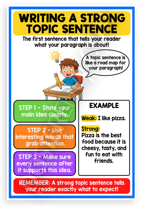 Writing a Strong Topic Sentence Educational Steps 12x18 US Made Poster