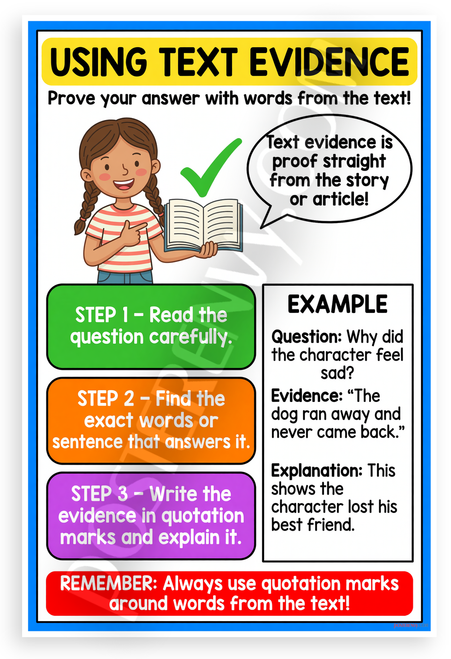 Using Text Evidence Reading Strategy Steps Educational 12x18 US Made Poster