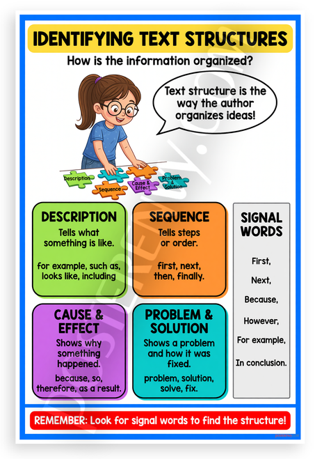 Identifying Text Structures Educational 12x18 US Made Poster