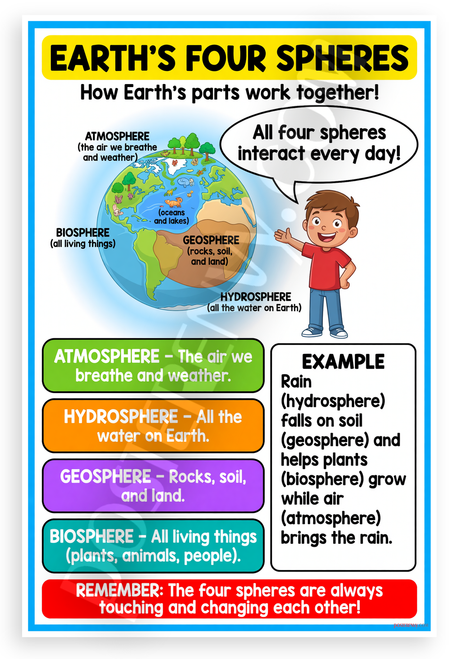 Earth's Four Spheres Atmosphere Hydrosphere Geosphere Biosphere Educational 12x18 US Made Poster