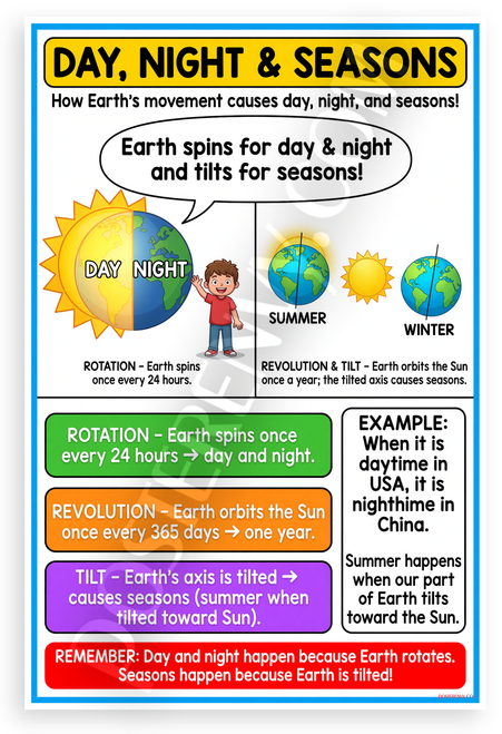 Day Night and Seasons Earth Rotation Revolution Tilt Educational 12x18 US Made Poster