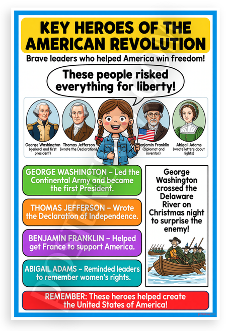 Key Heroes of the American Revolution George Washington Jefferson Franklin Adams Educational 12x18 US Made Poster