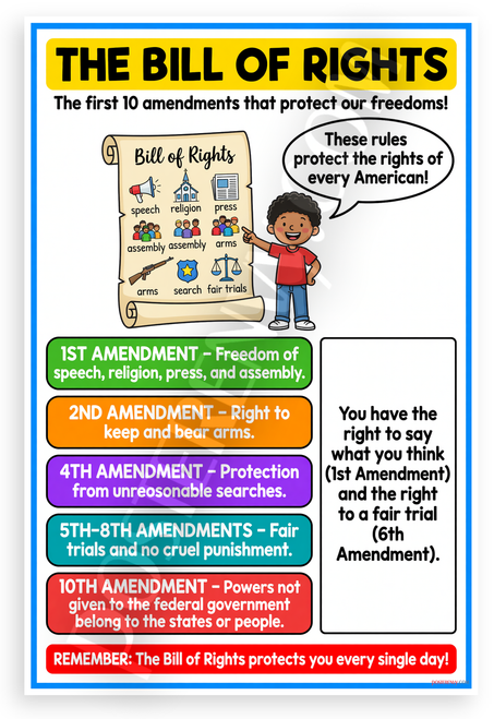 Bill of Rights First 10 Amendments Educational 12x18 US Made Poster