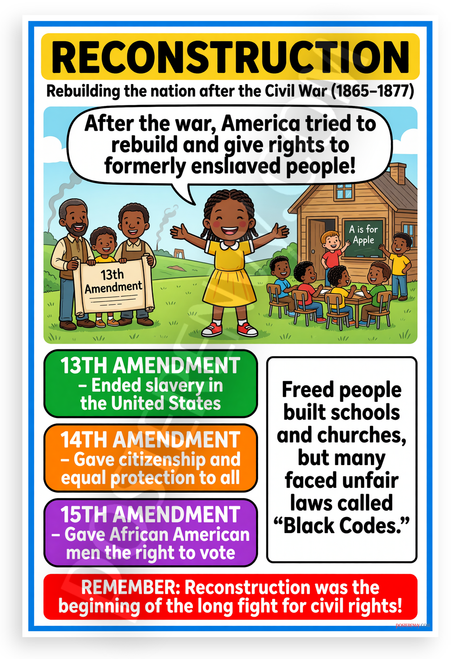 Reconstruction Era 13th 14th 15th Amendments Educational 12x18 US Made Poster