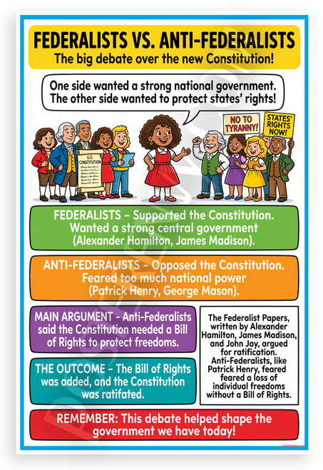 Federalists vs Anti-Federalists Constitution Debate Educational 12x18 US Made Poster