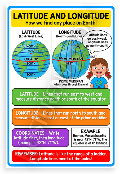 Latitude and Longitude How We Find Any Place on Earth Educational 12x18 US Made Poster