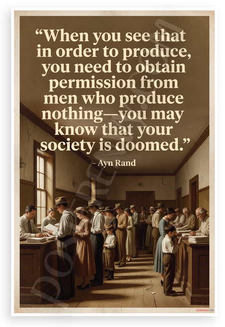Ayn Rand 'Society Is Doomed' Permission Bureaucracy Quote Inspirational 12x18 US Made Poster