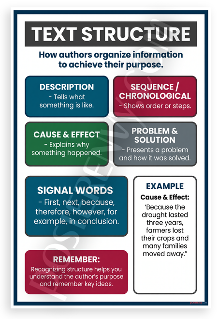Text Structure Educational Chart Description Sequence Cause Effect 12x18 US Made Poster