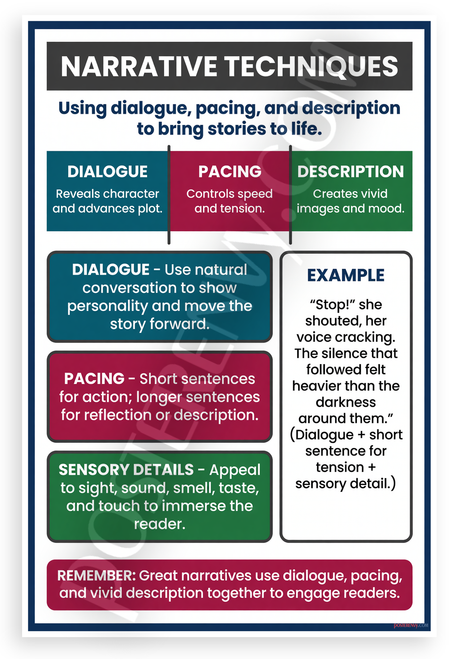 Narrative Techniques Dialogue Pacing Description Educational 12x18 US Made Poster