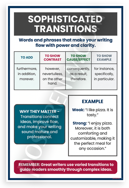 Sophisticated Transitions Writing Educational Chart 12x18 US Made Poster