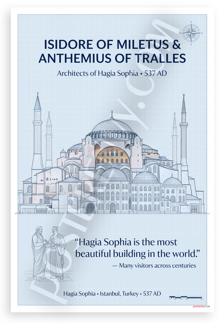 Isidore of Miletus & Anthemius of Tralles "Hagia Sophia Most Beautiful Building" Historical 12x18 US Made Poster