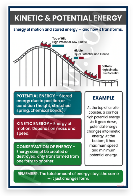 Kinetic and Potential Energy Roller Coaster Diagram Educational 12x18 US Made Poster