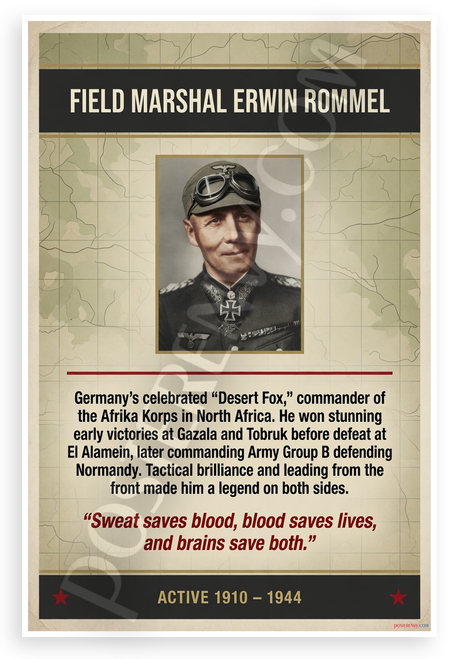 Field Marshal Erwin Rommel Sweat Saves Blood Quote Military History 12x18 US Made Poster