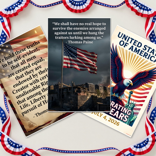 Thomas Jefferson Declaration Quote Bald Eagle 250th Anniversary Thomas Paine Patriotic Poster Set — 3 Prints 12x18 Inch US Made