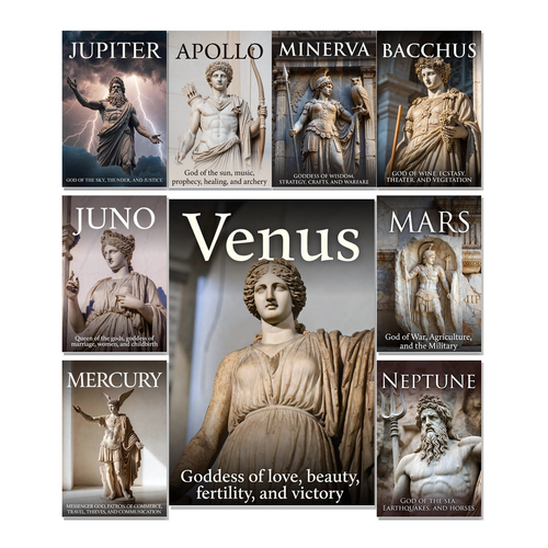 Roman Mythology Gods Poster Set — Apollo, Bacchus, Juno, Jupiter, Mars, Mercury, Minerva, Neptune, Venus, 9 Prints 12x18 Inch US Made