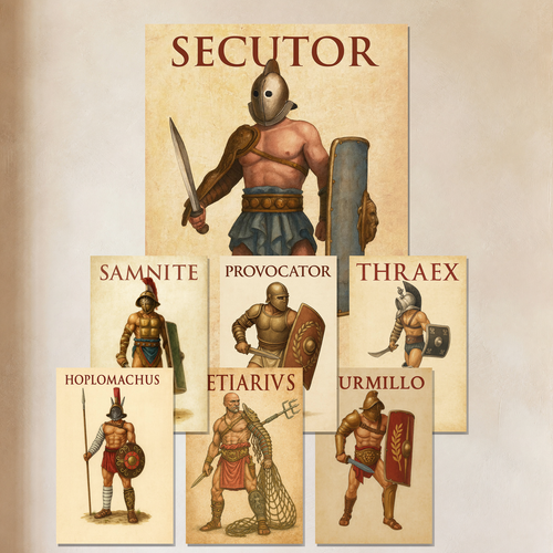 Roman Gladiator Types Secutor Thraex Murmillo Provocator Retiarius Samnite Hoplomachus Poster Set — 7 Prints 12x18 Inch US Made