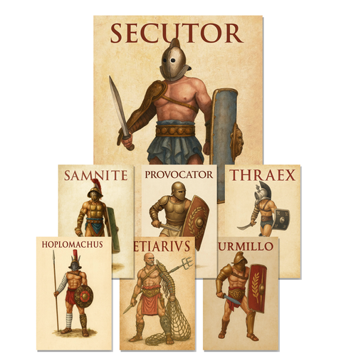 Roman Gladiator Types Secutor Thraex Murmillo Provocator Retiarius Samnite Hoplomachus Poster Set — 7 Prints 12x18 Inch US Made
