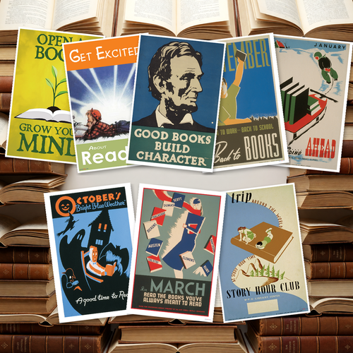 Vintage Library WPA Reading Posters Set — Open a Book, January, October, Get Excited, September, Story Hour, Lincoln, March — 8 Prints 12x18 Inch US Made