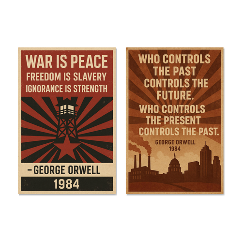 George Orwell 1984 War Is Peace, Who Controls The Past Poster Set — 2 Prints 12x18 Inch US Made