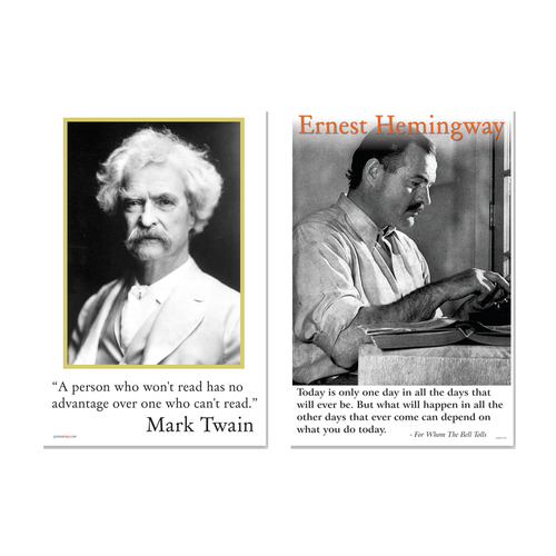 Mark Twain, Ernest Hemingway Literary Author Poster Set — 2 Prints 12x18 Inch US Made