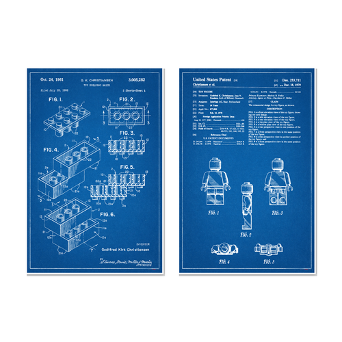 Lego Patent Blueprint Poster Set — 2 Prints 12x18 Inch US Made
