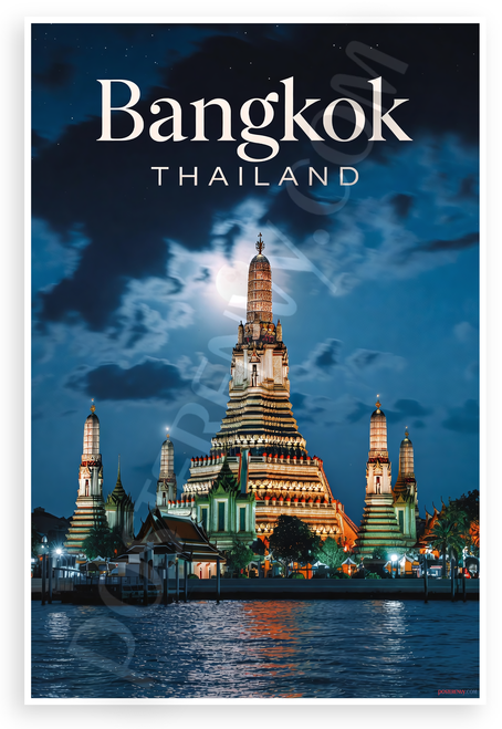 Bangkok Thailand Temple Night Scene Travel 12"x18" US Made Poster