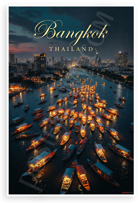 Bangkok Thailand Cityscape Night River Boats 12"x18" US Made Poster