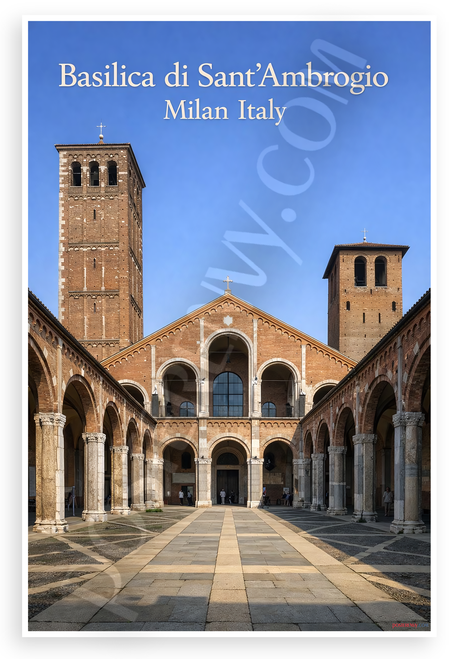 Basilica di Sant'Ambrogio Milan Italy Courtyard Architecture 12"x18" US Made Poster