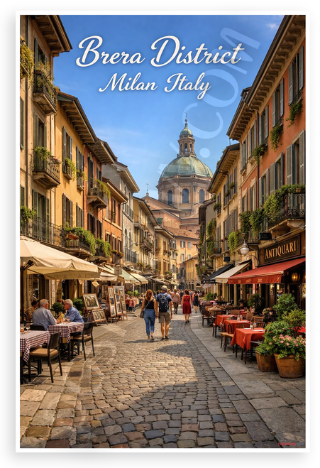 Brera District Milan Italy Cobblestone Street Scene Travel 12"x18" US Made Poster