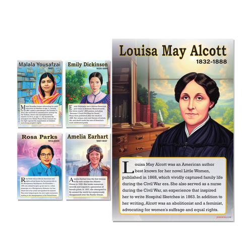 Famous Women Poster Set - Malala Yousafzai, Rosa Parks, Amelia Earhart, Emily Dickinson, Louisa May Alcott — 5 Prints 12x18 Inch US Made